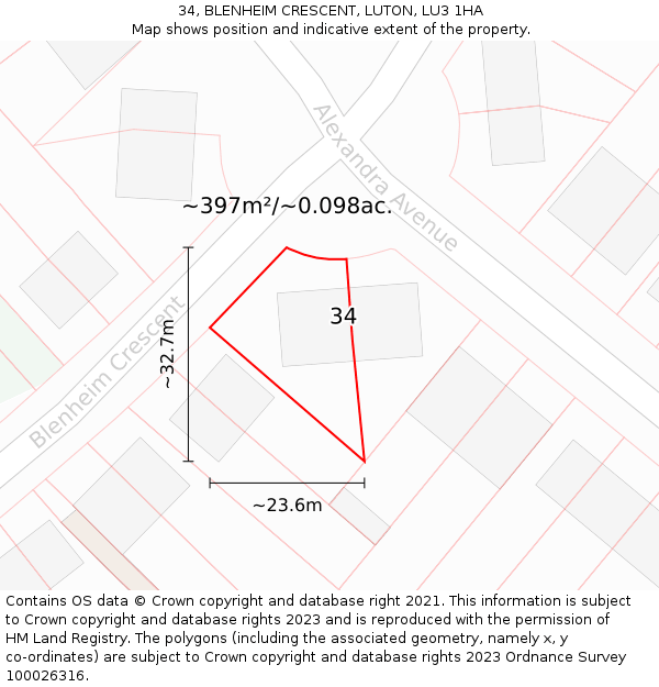 34, BLENHEIM CRESCENT, LUTON, LU3 1HA: Plot and title map