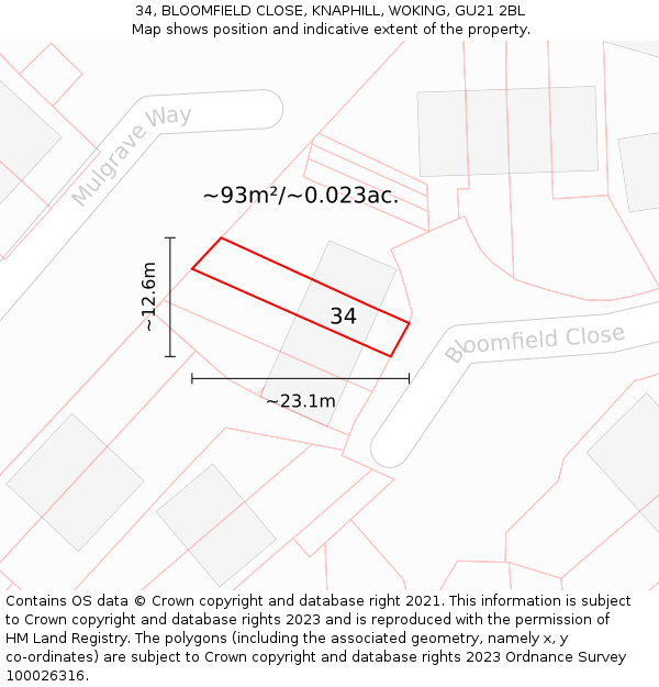 34, BLOOMFIELD CLOSE, KNAPHILL, WOKING, GU21 2BL: Plot and title map