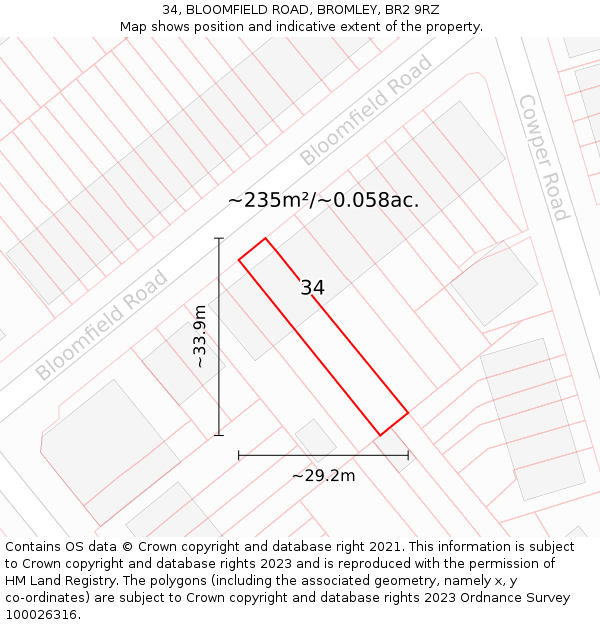 34, BLOOMFIELD ROAD, BROMLEY, BR2 9RZ: Plot and title map