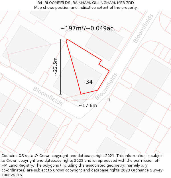 34, BLOOMFIELDS, RAINHAM, GILLINGHAM, ME8 7DD: Plot and title map
