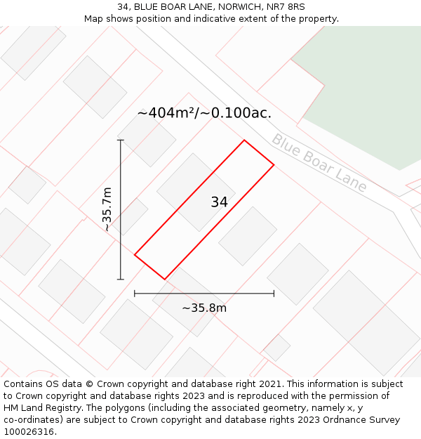 34, BLUE BOAR LANE, NORWICH, NR7 8RS: Plot and title map