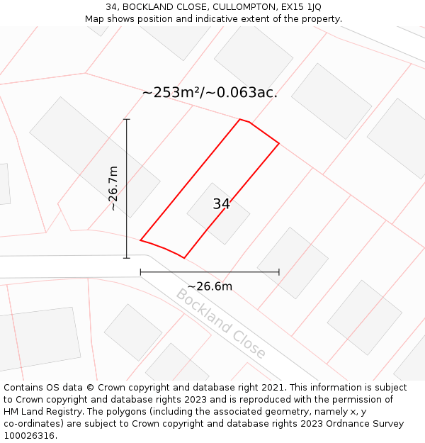34, BOCKLAND CLOSE, CULLOMPTON, EX15 1JQ: Plot and title map