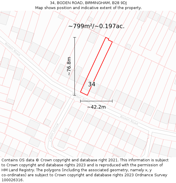 34, BODEN ROAD, BIRMINGHAM, B28 9DJ: Plot and title map