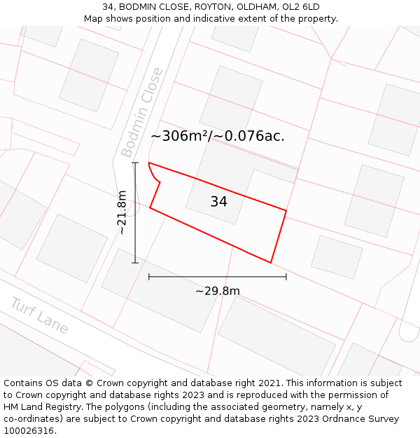 34, BODMIN CLOSE, ROYTON, OLDHAM, OL2 6LD: Plot and title map