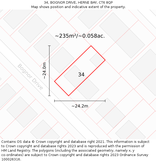 34, BOGNOR DRIVE, HERNE BAY, CT6 8QP: Plot and title map