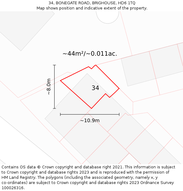 34, BONEGATE ROAD, BRIGHOUSE, HD6 1TQ: Plot and title map