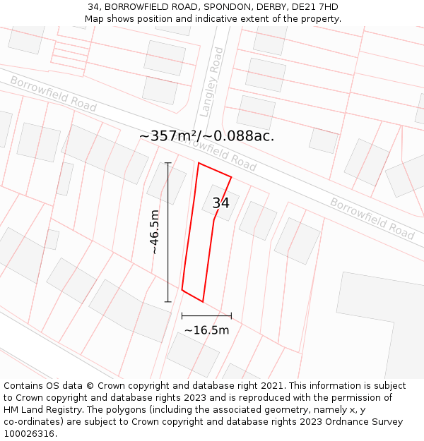 34, BORROWFIELD ROAD, SPONDON, DERBY, DE21 7HD: Plot and title map