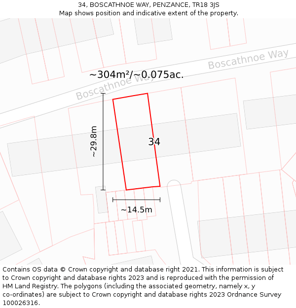 34, BOSCATHNOE WAY, PENZANCE, TR18 3JS: Plot and title map