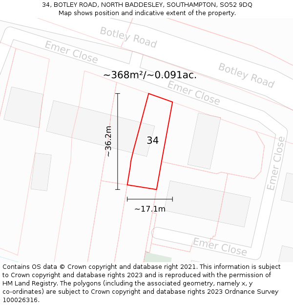 34, BOTLEY ROAD, NORTH BADDESLEY, SOUTHAMPTON, SO52 9DQ: Plot and title map
