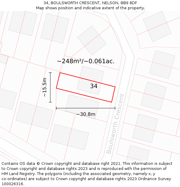 34, BOULSWORTH CRESCENT, NELSON, BB9 8DF: Plot and title map
