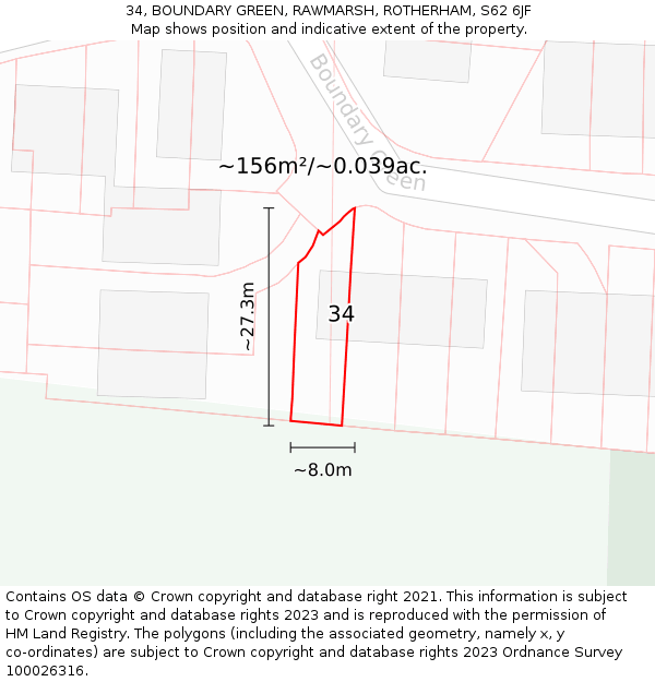 34, BOUNDARY GREEN, RAWMARSH, ROTHERHAM, S62 6JF: Plot and title map