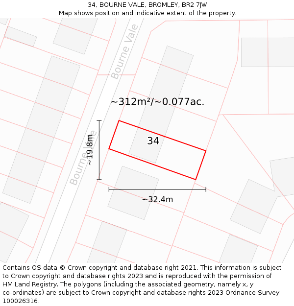 34, BOURNE VALE, BROMLEY, BR2 7JW: Plot and title map