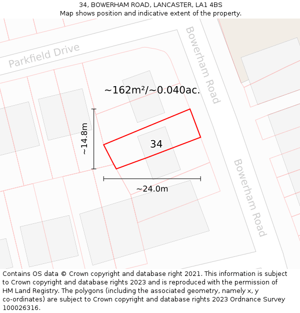 34, BOWERHAM ROAD, LANCASTER, LA1 4BS: Plot and title map
