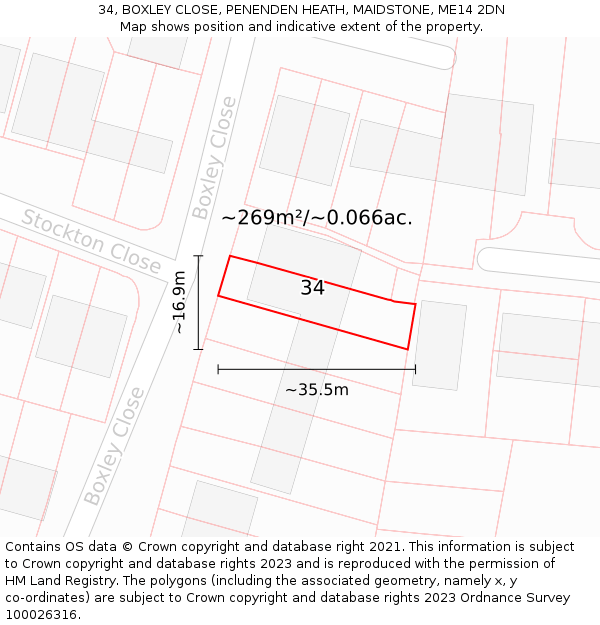 34, BOXLEY CLOSE, PENENDEN HEATH, MAIDSTONE, ME14 2DN: Plot and title map