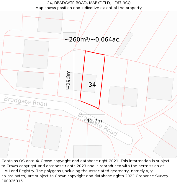 34, BRADGATE ROAD, MARKFIELD, LE67 9SQ: Plot and title map