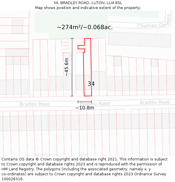 34, BRADLEY ROAD, LUTON, LU4 8SL: Plot and title map