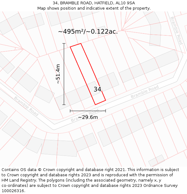 34, BRAMBLE ROAD, HATFIELD, AL10 9SA: Plot and title map