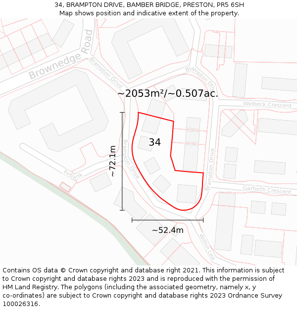 34, BRAMPTON DRIVE, BAMBER BRIDGE, PRESTON, PR5 6SH: Plot and title map
