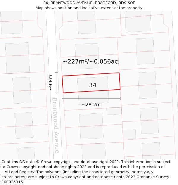 34, BRANTWOOD AVENUE, BRADFORD, BD9 6QE: Plot and title map