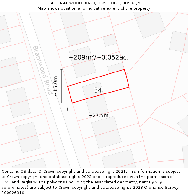 34, BRANTWOOD ROAD, BRADFORD, BD9 6QA: Plot and title map