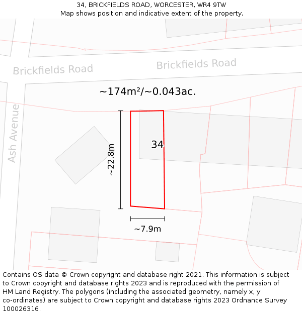 34, BRICKFIELDS ROAD, WORCESTER, WR4 9TW: Plot and title map