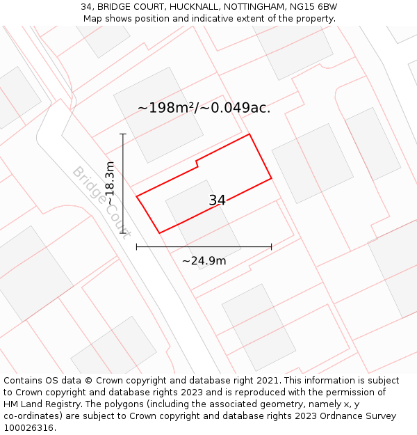 34, BRIDGE COURT, HUCKNALL, NOTTINGHAM, NG15 6BW: Plot and title map