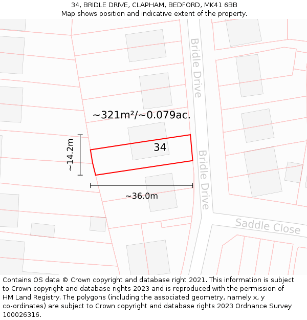 34, BRIDLE DRIVE, CLAPHAM, BEDFORD, MK41 6BB: Plot and title map