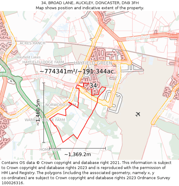 34, BROAD LANE, AUCKLEY, DONCASTER, DN9 3FH: Plot and title map