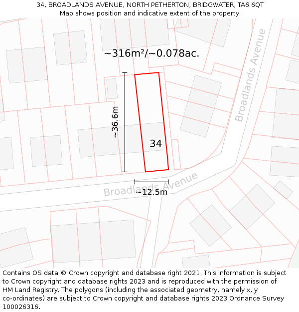 34, BROADLANDS AVENUE, NORTH PETHERTON, BRIDGWATER, TA6 6QT: Plot and title map