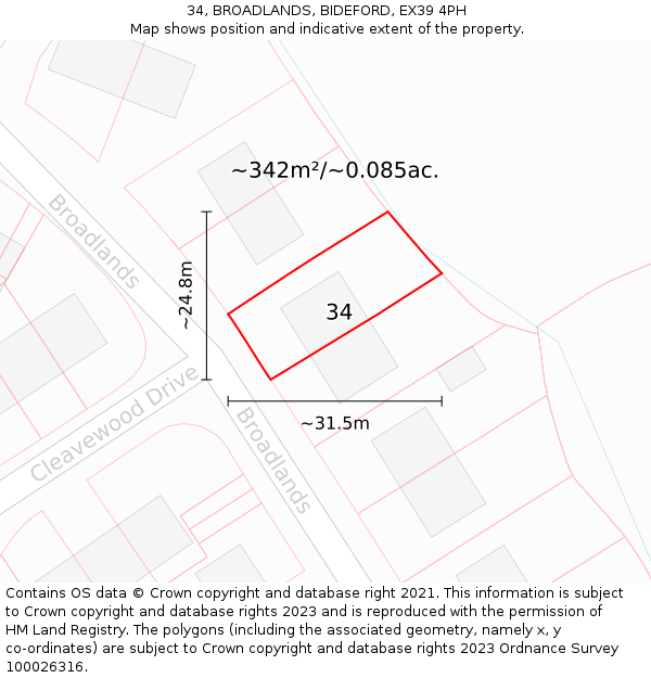 34, BROADLANDS, BIDEFORD, EX39 4PH: Plot and title map