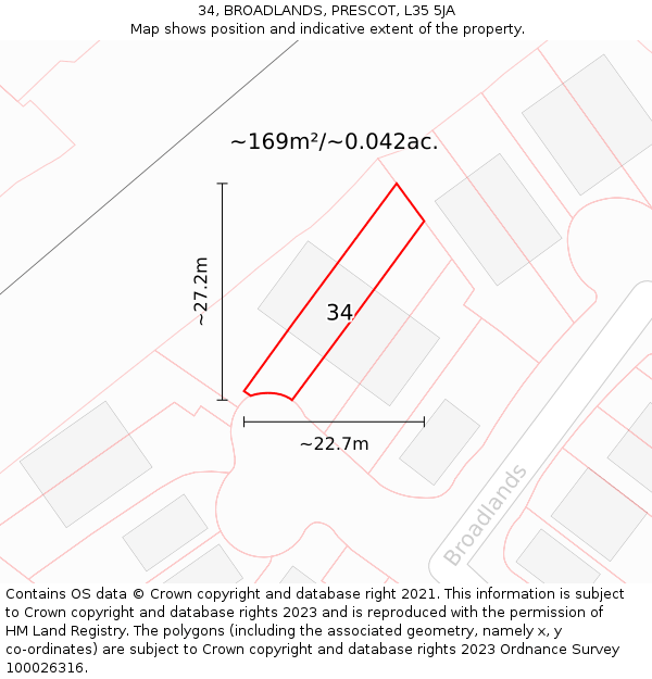 34, BROADLANDS, PRESCOT, L35 5JA: Plot and title map