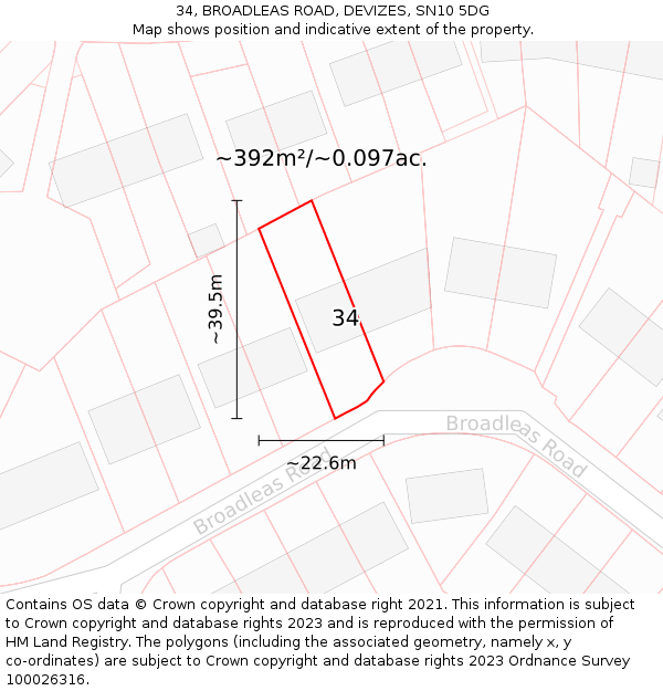 34, BROADLEAS ROAD, DEVIZES, SN10 5DG: Plot and title map