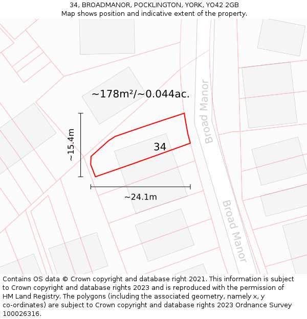 34, BROADMANOR, POCKLINGTON, YORK, YO42 2GB: Plot and title map