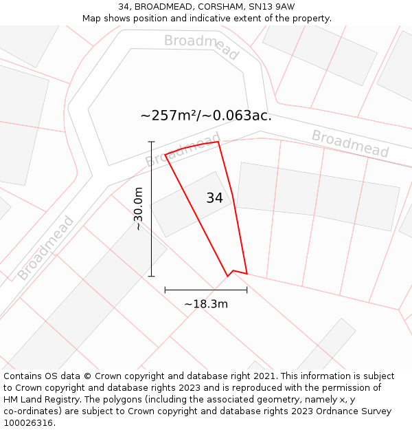 34, BROADMEAD, CORSHAM, SN13 9AW: Plot and title map