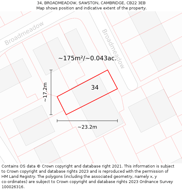 34, BROADMEADOW, SAWSTON, CAMBRIDGE, CB22 3EB: Plot and title map