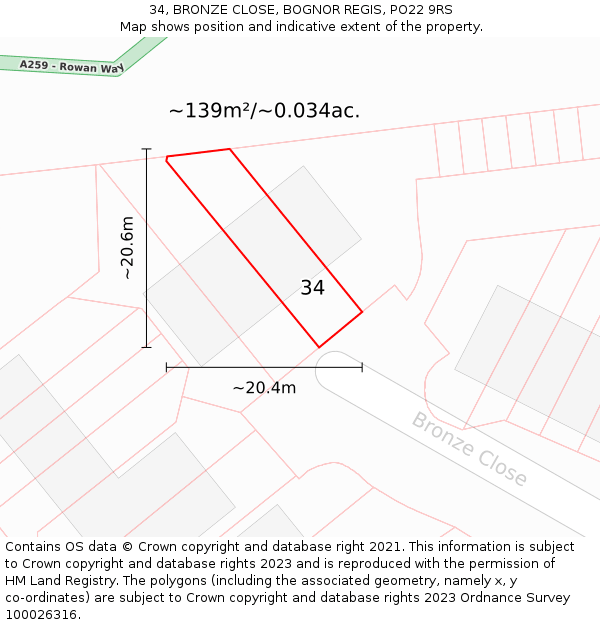 34, BRONZE CLOSE, BOGNOR REGIS, PO22 9RS: Plot and title map