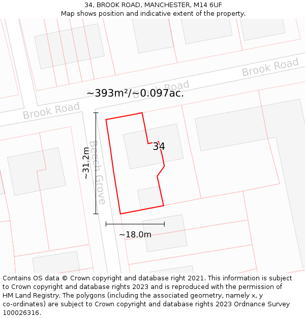 34, BROOK ROAD, MANCHESTER, M14 6UF: Plot and title map