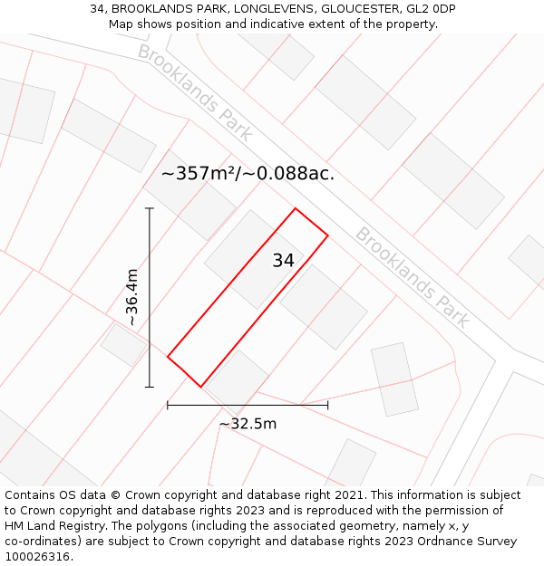 34, BROOKLANDS PARK, LONGLEVENS, GLOUCESTER, GL2 0DP: Plot and title map