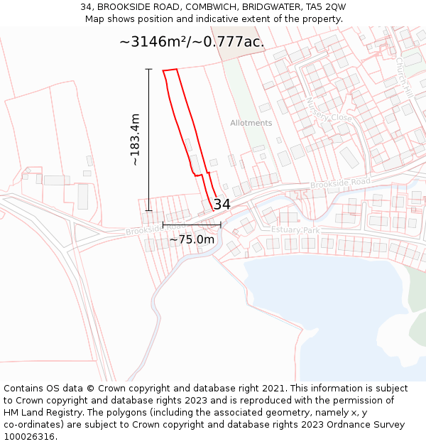 34, BROOKSIDE ROAD, COMBWICH, BRIDGWATER, TA5 2QW: Plot and title map