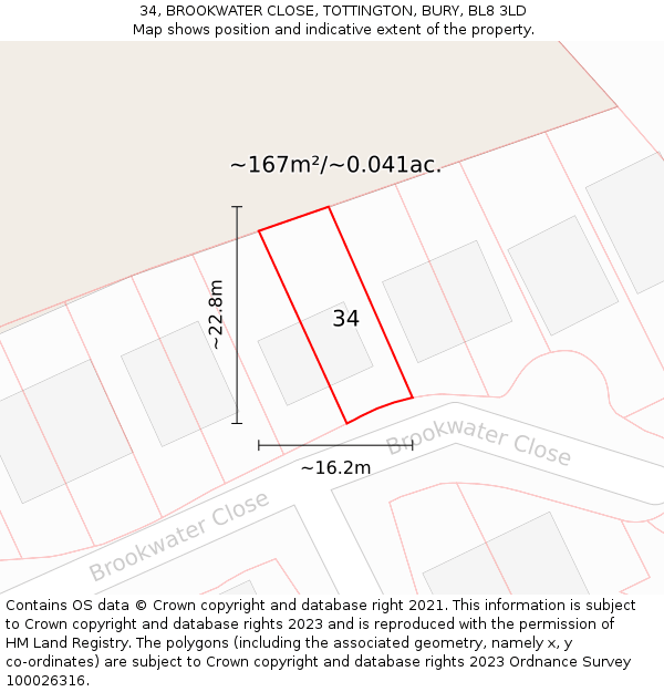 34, BROOKWATER CLOSE, TOTTINGTON, BURY, BL8 3LD: Plot and title map