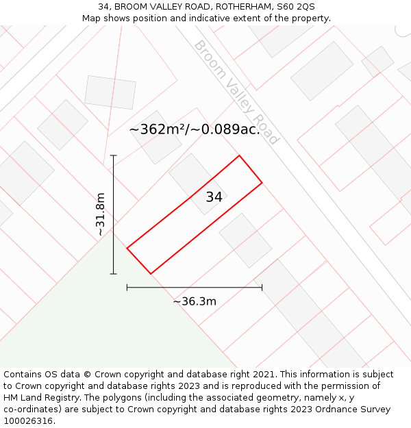 34, BROOM VALLEY ROAD, ROTHERHAM, S60 2QS: Plot and title map