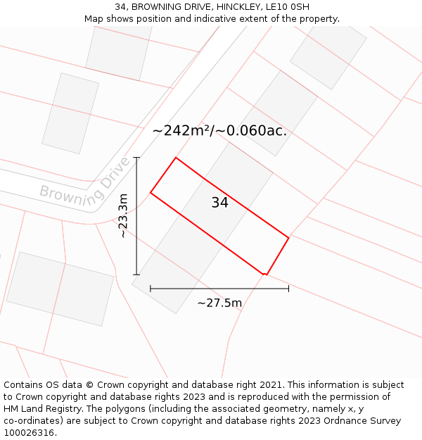 34, BROWNING DRIVE, HINCKLEY, LE10 0SH: Plot and title map