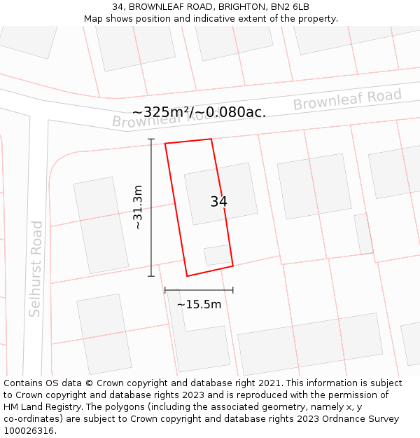 34, BROWNLEAF ROAD, BRIGHTON, BN2 6LB: Plot and title map