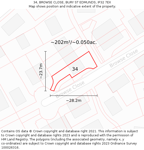 34, BROWSE CLOSE, BURY ST EDMUNDS, IP32 7EX: Plot and title map