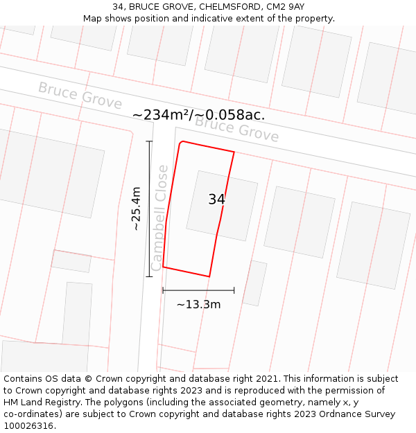 34, BRUCE GROVE, CHELMSFORD, CM2 9AY: Plot and title map