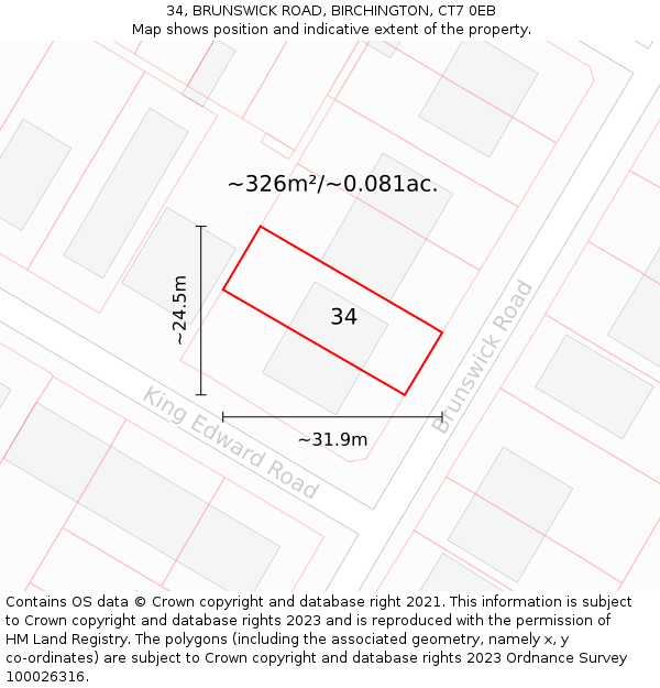 34, BRUNSWICK ROAD, BIRCHINGTON, CT7 0EB: Plot and title map