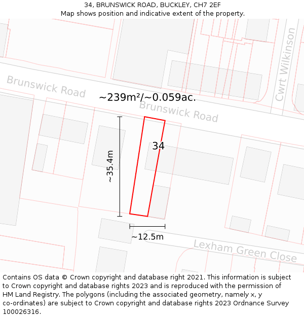 34, BRUNSWICK ROAD, BUCKLEY, CH7 2EF: Plot and title map