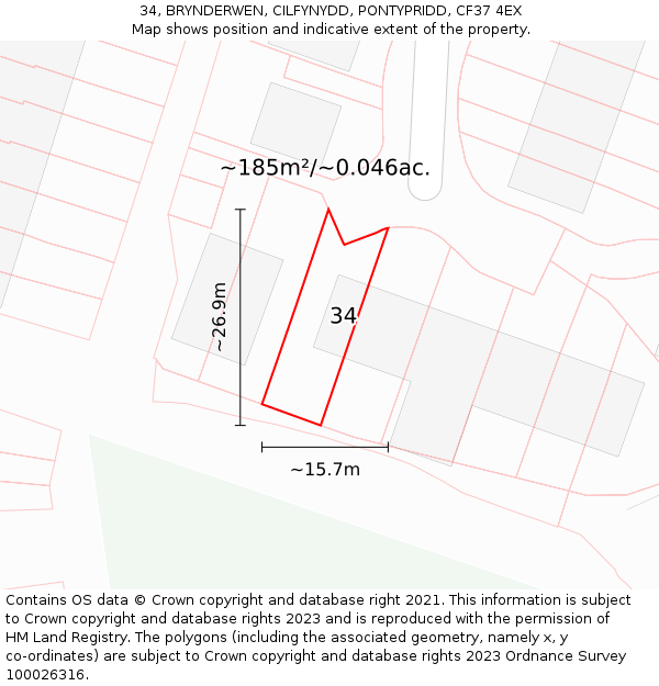 34, BRYNDERWEN, CILFYNYDD, PONTYPRIDD, CF37 4EX: Plot and title map