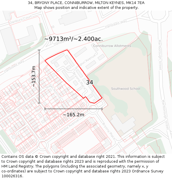 34, BRYONY PLACE, CONNIBURROW, MILTON KEYNES, MK14 7EA: Plot and title map