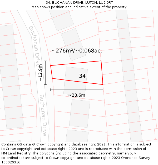 34, BUCHANAN DRIVE, LUTON, LU2 0RT: Plot and title map